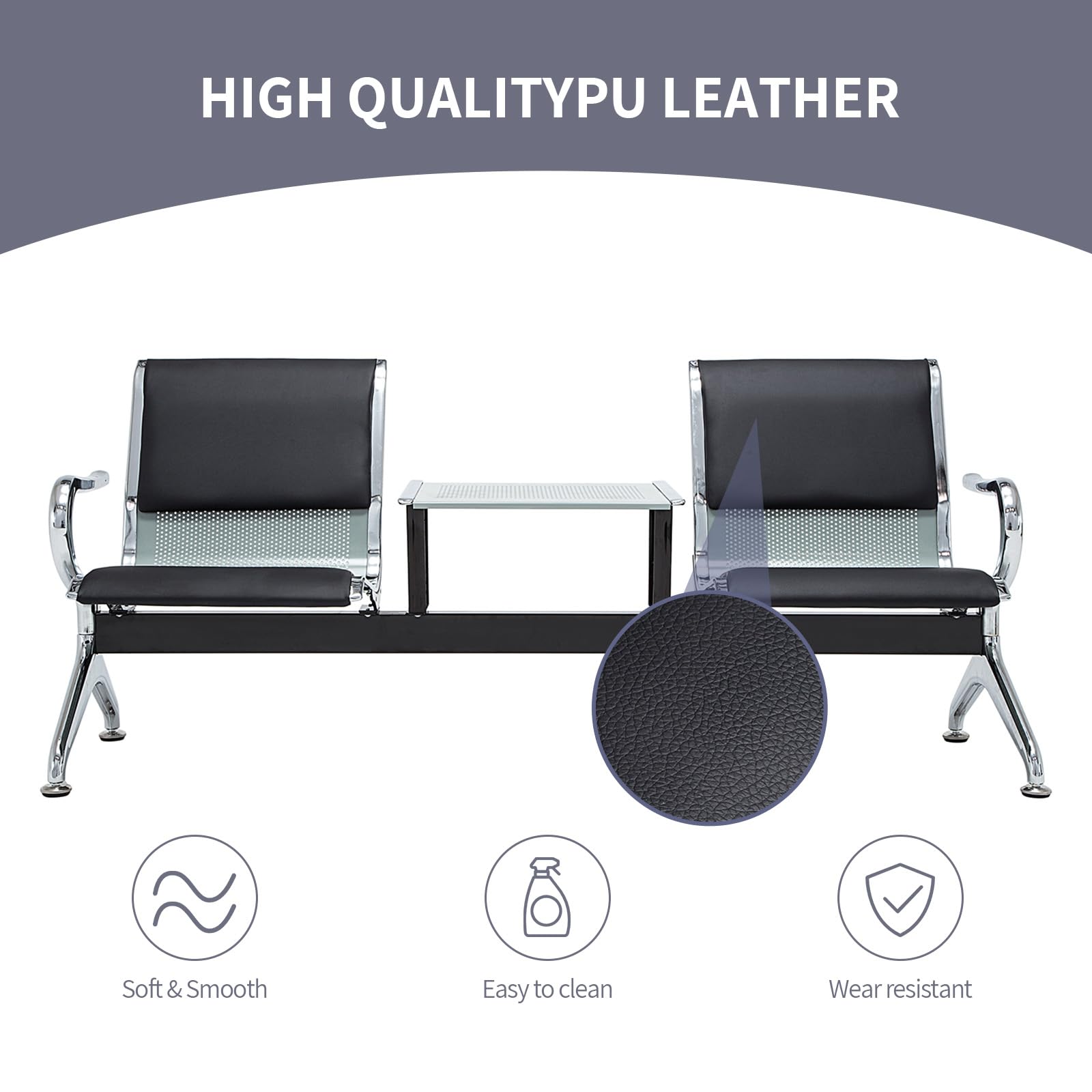 Walmokid 2 Seat Waiting Room Chairs, PU Leather Waiting Room Bench with Table and Arms,Reception Bench Seating for Office, Bank, Hospital, School, Barbershop, Airport, Black and Chrome…