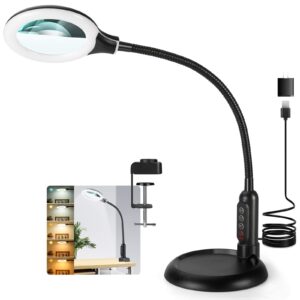 jeedefi 2-in-1 magnifying glass with light and stand, 5 lighting modes stepless dimmable led magnifying clamp lamp, 8x desk lighted magnifier hands free for craft close work mini painting hobby, black