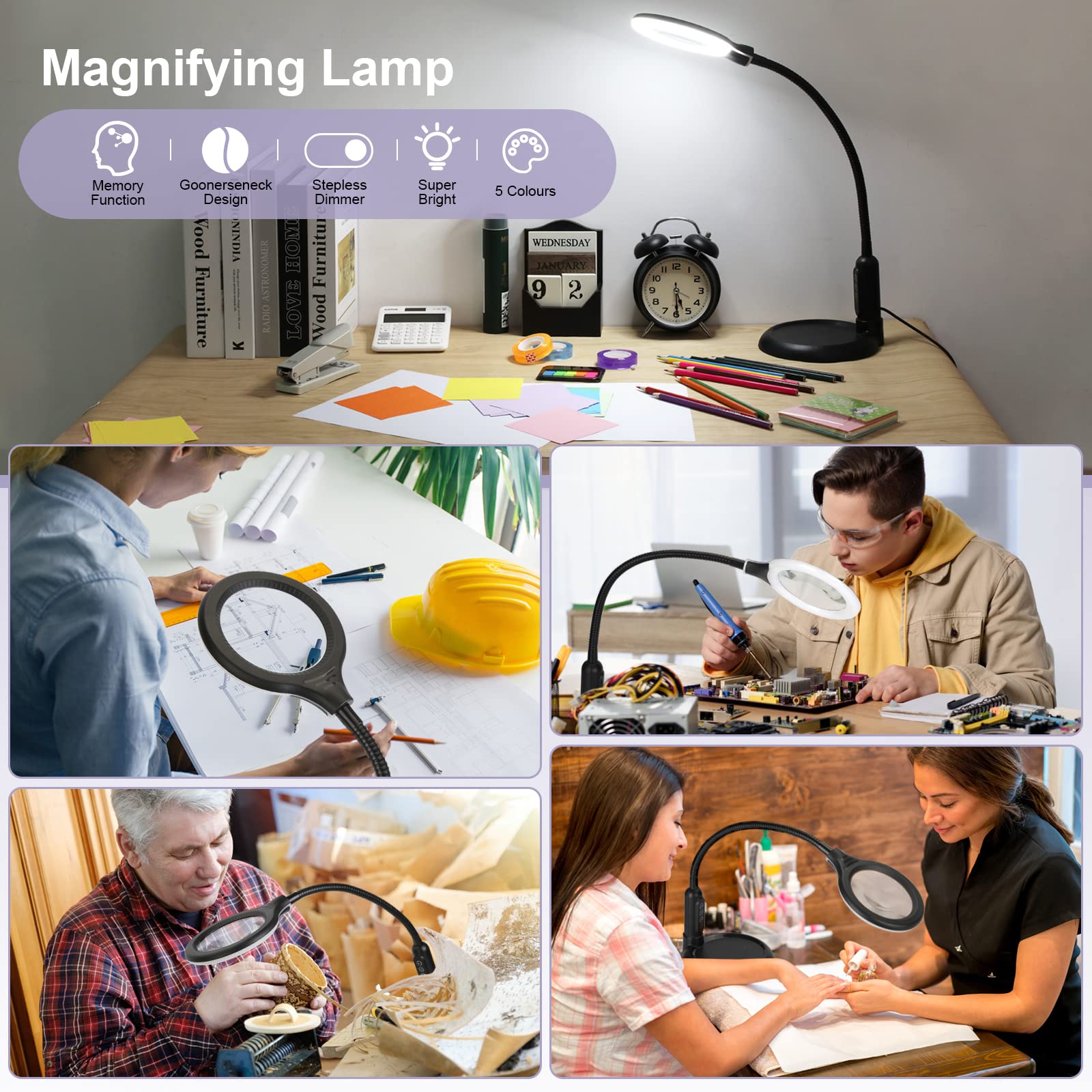 JEEDEFI 2-in-1 Magnifying Glass with Light and Stand, 5 Lighting Modes Stepless Dimmable LED Magnifying Clamp Lamp, 8X Desk Lighted Magnifier Hands Free for Craft Close Work Mini Painting Hobby, Black