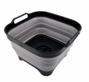 sammart 10l (2.64 gallon) collapsible dishpan with draining plug - foldable washing basin - portable dish washing tub - space saving kitchen storage tray (black/alloy grey)