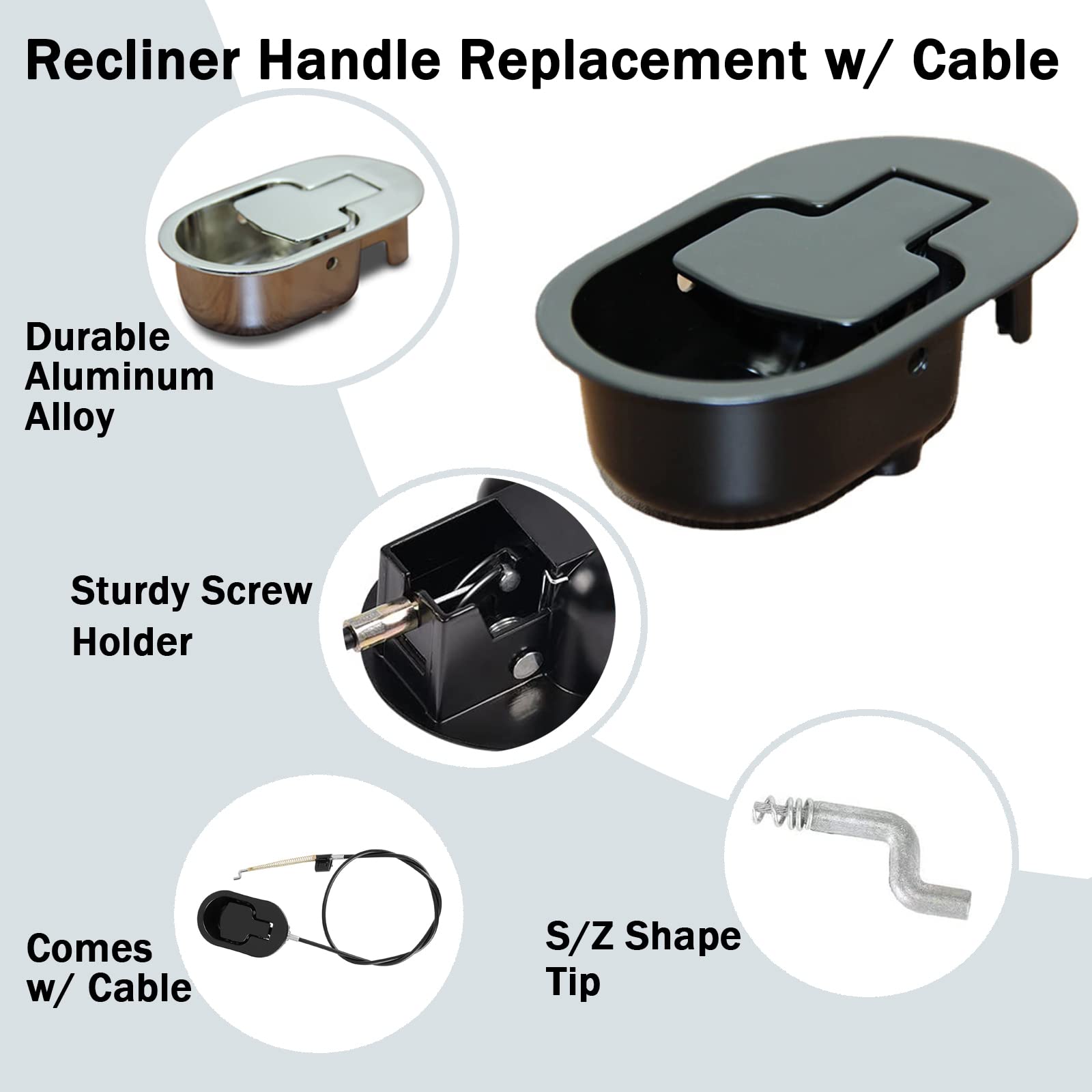 2 Pack - Metal Recliner Handle Replacement Part with Pull Cable Compatible with Ashley Lazy Boy and Most Recliner Sofa Brands, Made of Aluminium Alloy, Size 4.3" x 2.6", Cable Length 36.8"