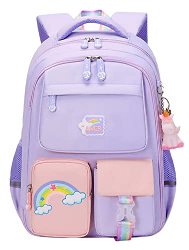 Lswrlixa Kids School Backpack Unicorn Bookbag for Girls Boys Waterproof Backpack Outdoors Travel Bag Purple Medium