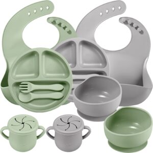 potchen 14 pack baby feeding set, silicone baby led weaning feeding supplies with suction bowl divided plate adjustable bib soft spoon fork snack cup with lid drinking cup, utensil (army green, grey)