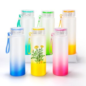 agh 16oz sublimation glass cups 6 pack color frosted sublimation glass tumblers with colored carrying handle lids,6 color gradient glasses,suitable for cold or cot drinks,easy to carry