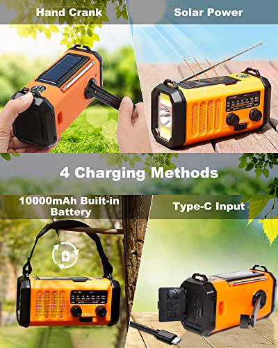10000mAh Emergency Weather Radio, 4 Way Powered AM/FM/NOAA Portable Solar Crank Radio, Dynamo Phone Charger, 700LM LED Flashlight & Reading Lamp,SOS,Type-C,Compass for Hurricane Storm Camping Survival