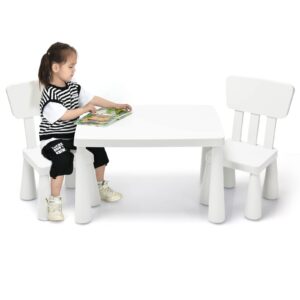 costway 3-piece kids table and chairs set, lightweight plastic children activity center for reading, writing, painting, snack time, kids furniture art study desk & chairs set for ages 1-7 (white)