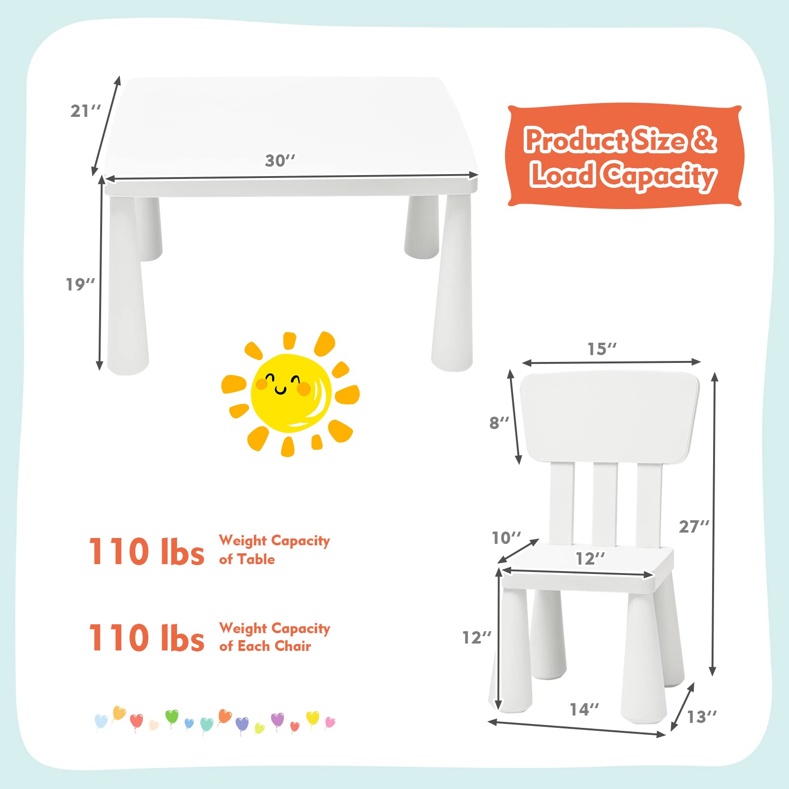 COSTWAY 3-Piece Kids Table and Chairs Set, Lightweight Plastic Children Activity Center for Reading, Writing, Painting, Snack Time, Kids Furniture Art Study Desk & Chairs Set for Ages 1-7 (White)