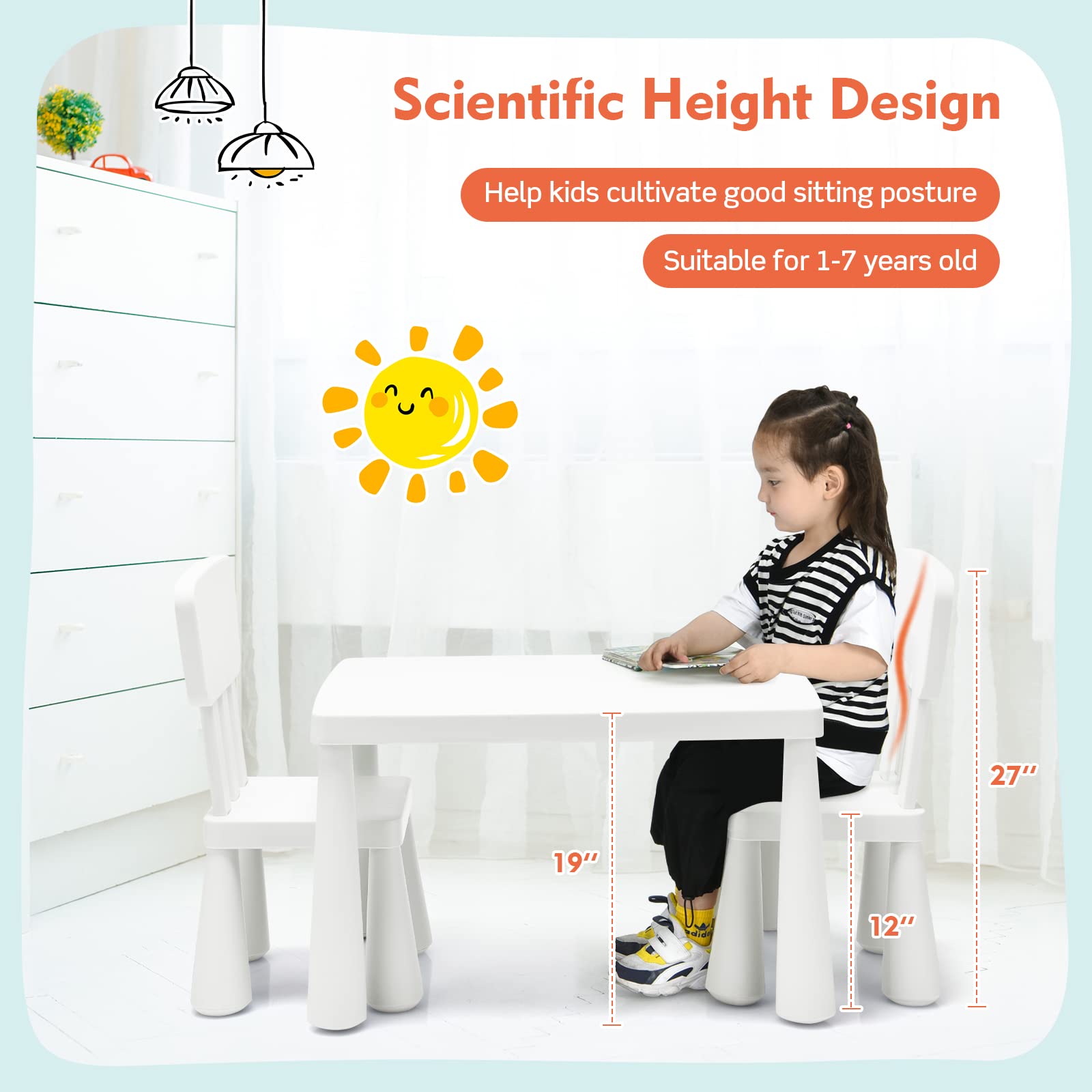 COSTWAY 3-Piece Kids Table and Chairs Set, Lightweight Plastic Children Activity Center for Reading, Writing, Painting, Snack Time, Kids Furniture Art Study Desk & Chairs Set for Ages 1-7 (White)
