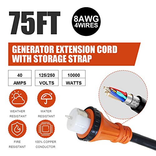 DMC-FPPS 75Ft Generator Extension Cord 40 Amp STW 6/3 + 8/1 Generator Cord 125V / 250V UL Listed Generator Power Cord N14-50P & SS2-50R & CS6364 Twist Lock Connectors for RV Camper and Generator to Ho