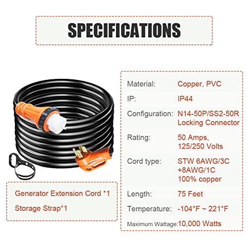 DMC-FPPS 75Ft Generator Extension Cord 40 Amp STW 6/3 + 8/1 Generator Cord 125V / 250V UL Listed Generator Power Cord N14-50P & SS2-50R & CS6364 Twist Lock Connectors for RV Camper and Generator to Ho