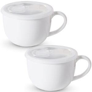 lareina large soup mugs 28 oz - ceramic cups with anti-heat handle - coffee mugs set with vented plastic highly sealed lid jumbo soup bowl microwave & oven safety - set of 2 - white