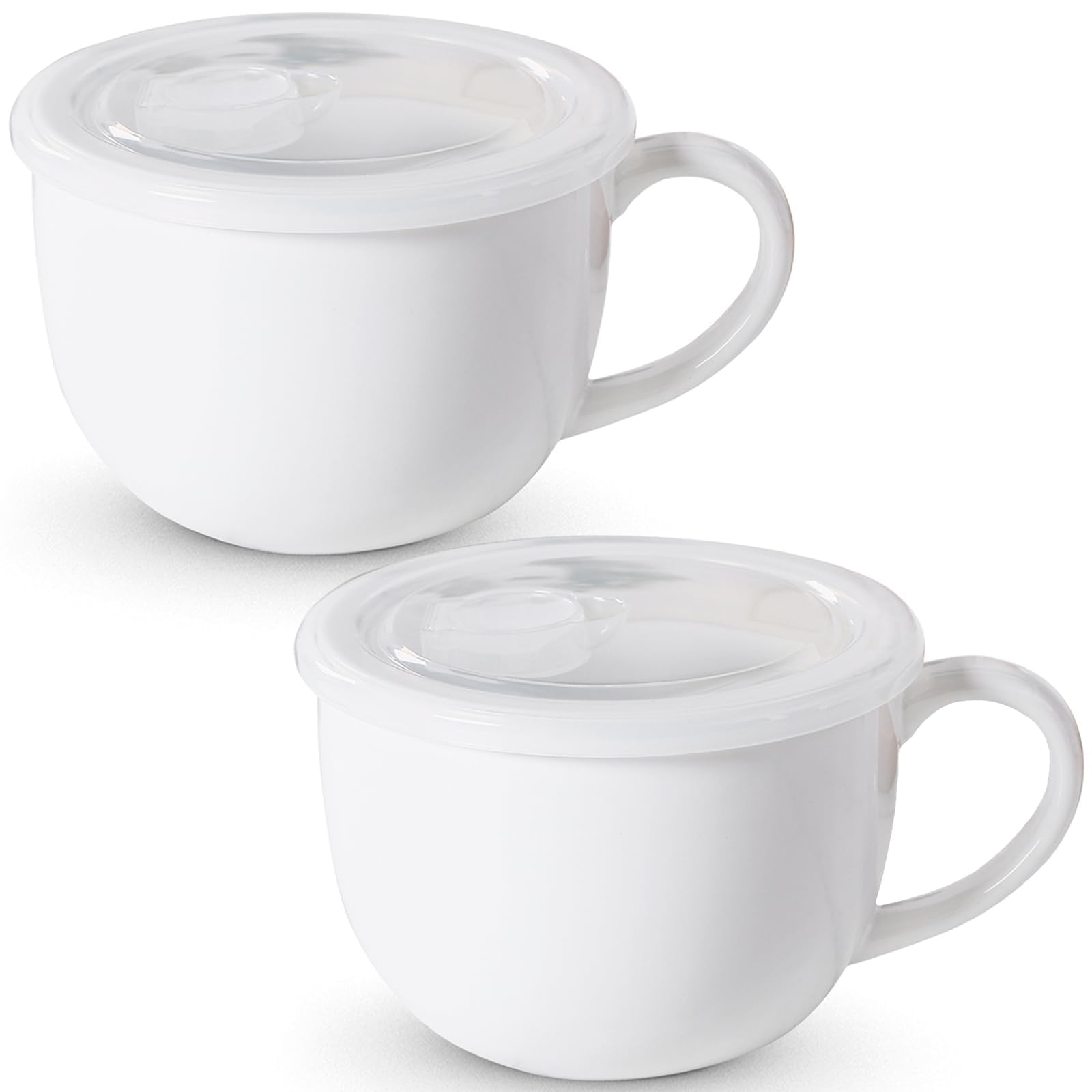 Lareina Large Soup Mugs 28 oz - Ceramic Cups With Anti-Heat Handle - Coffee Mugs Set With Vented Plastic Highly Sealed Lid Jumbo Soup bowl Microwave & Oven Safety - Set of 2 - White