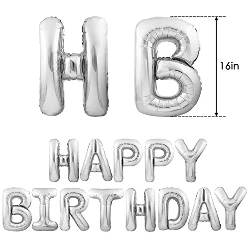 RUBFAC Silver Happy Birthday Balloons Banner, 16 Inch 3D Silver Mylar Foil Birthday Letters Sign for Kids Adults Boys Girls Birthday Decorations Party Supplies
