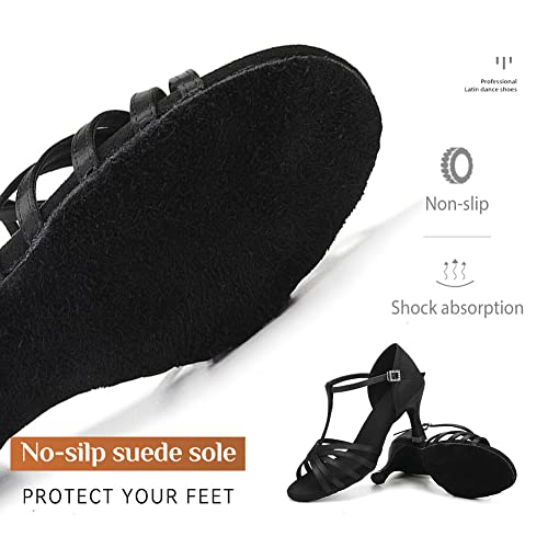 JUODVMP Women Latin Dance Shoes Black Satin Ballroom Performance Salsa Tango Practice Dance Shoes 3inch High Heel Model WX217,7 US