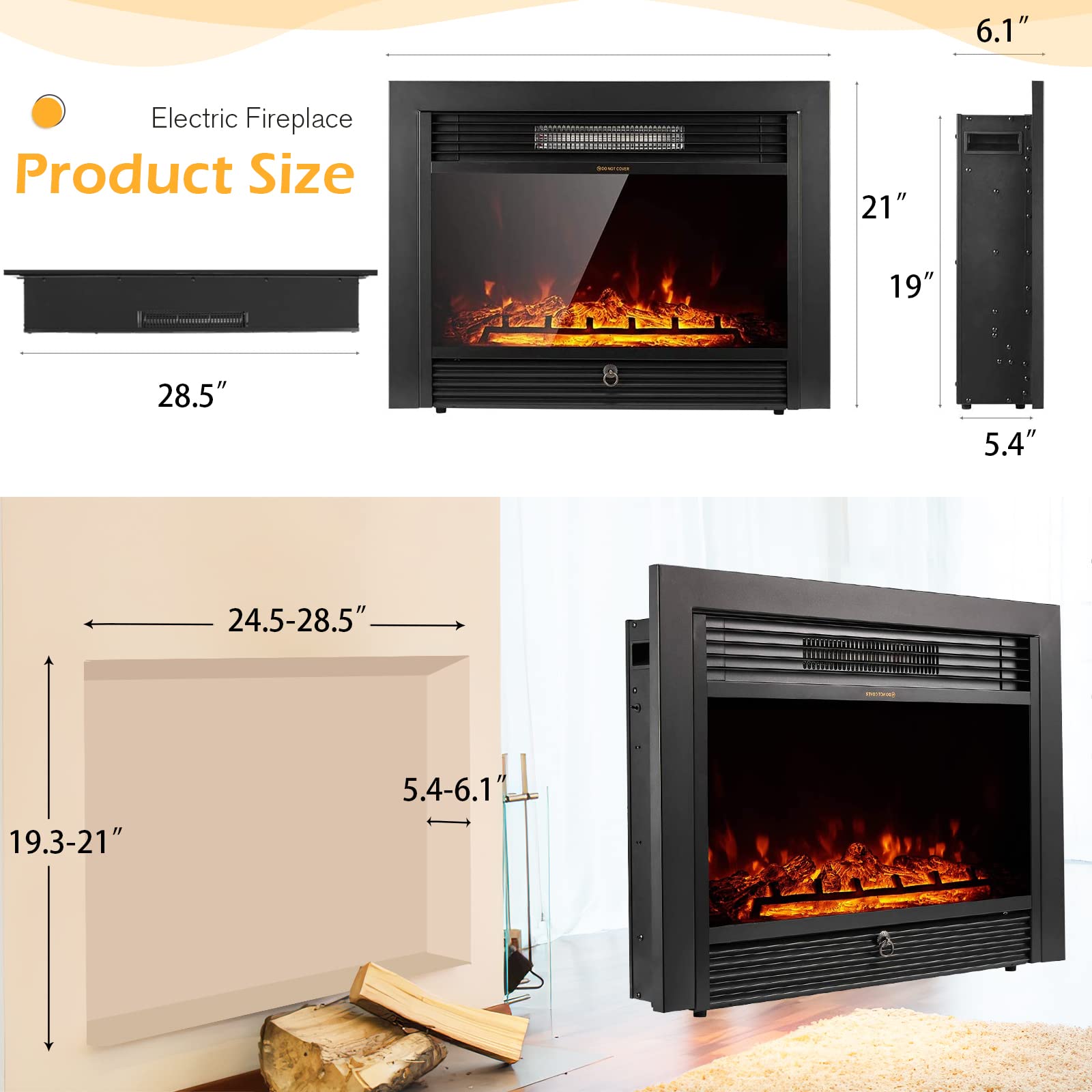 Homedex 28.5" Electric Fireplace Insert Recessed Mounted with 3 Color Flames, 750/1500W Fireplace Electric with Remote Control and Timer, Standing Fireplace Heater