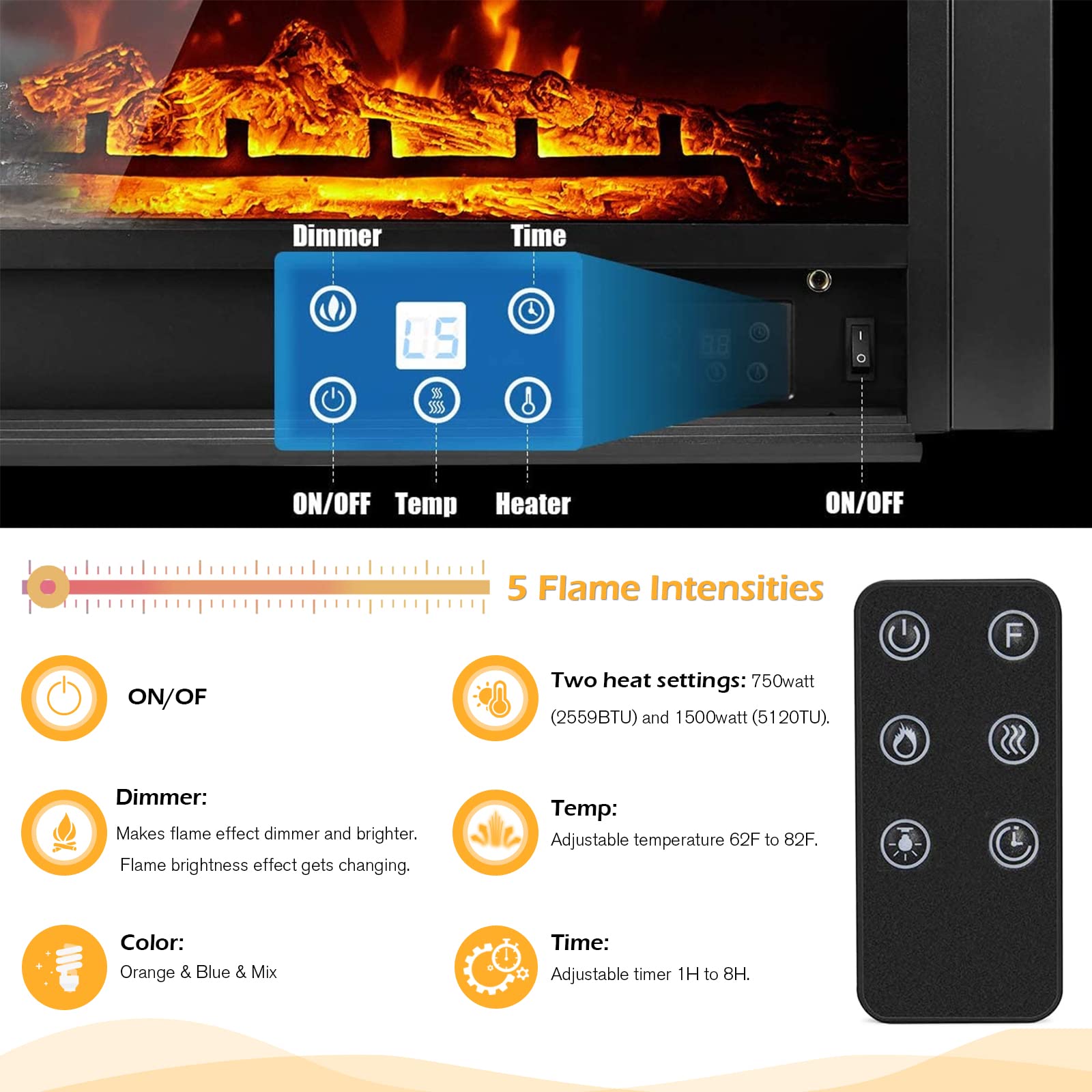 Homedex 28.5" Electric Fireplace Insert Recessed Mounted with 3 Color Flames, 750/1500W Fireplace Electric with Remote Control and Timer, Standing Fireplace Heater