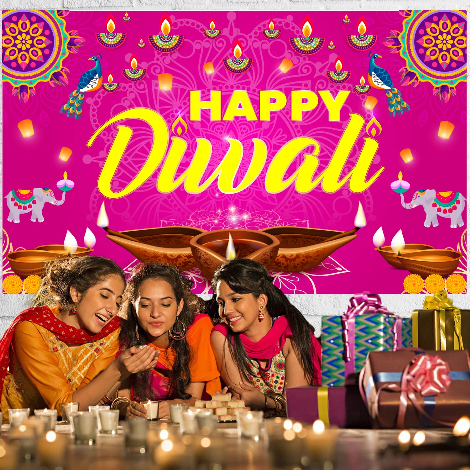 Large 71" X 43" Happy Diwali Backdrop, Happy Diwali Decorations Diwali Backdrops for Wall, Happy Diwali Banner India Festival of Lights, Diwali Decorations Backdrop Deepavali Decorations