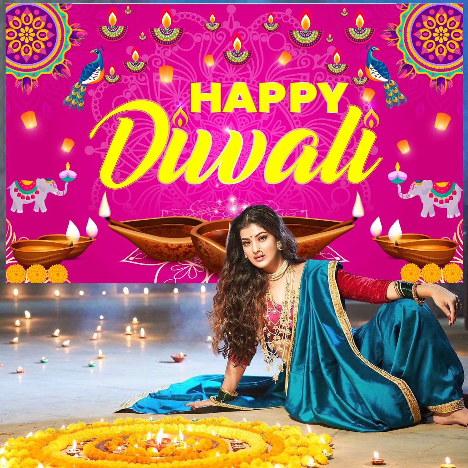 Large 71" X 43" Happy Diwali Backdrop, Happy Diwali Decorations Diwali Backdrops for Wall, Happy Diwali Banner India Festival of Lights, Diwali Decorations Backdrop Deepavali Decorations