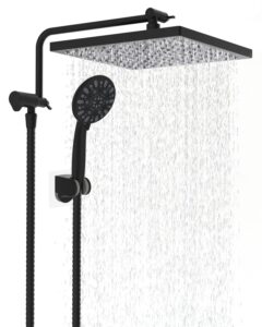 hibbent metal shower head, 10'' high pressure rainfall shower head/handheld showerhead combo with 12'' adjustable shower extension arm, 7-spray, 71'' hose, showerhead holder, matte black