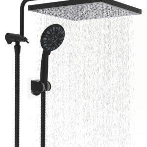 Hibbent Metal Shower Head, 10'' High Pressure Rainfall Shower Head/Handheld Showerhead Combo with 12'' Adjustable Shower Extension Arm, 7-Spray, 71'' Hose, Showerhead Holder, Matte Black