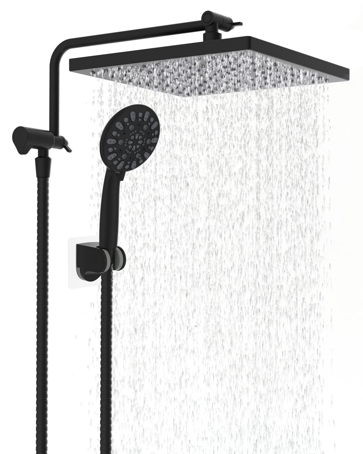 Hibbent Metal Shower Head, 10'' High Pressure Rainfall Shower Head/Handheld Showerhead Combo with 12'' Adjustable Shower Extension Arm, 7-Spray, 71'' Hose, Showerhead Holder, Matte Black