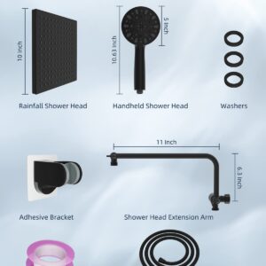 Hibbent Metal Shower Head, 10'' High Pressure Rainfall Shower Head/Handheld Showerhead Combo with 12'' Adjustable Shower Extension Arm, 7-Spray, 71'' Hose, Showerhead Holder, Matte Black