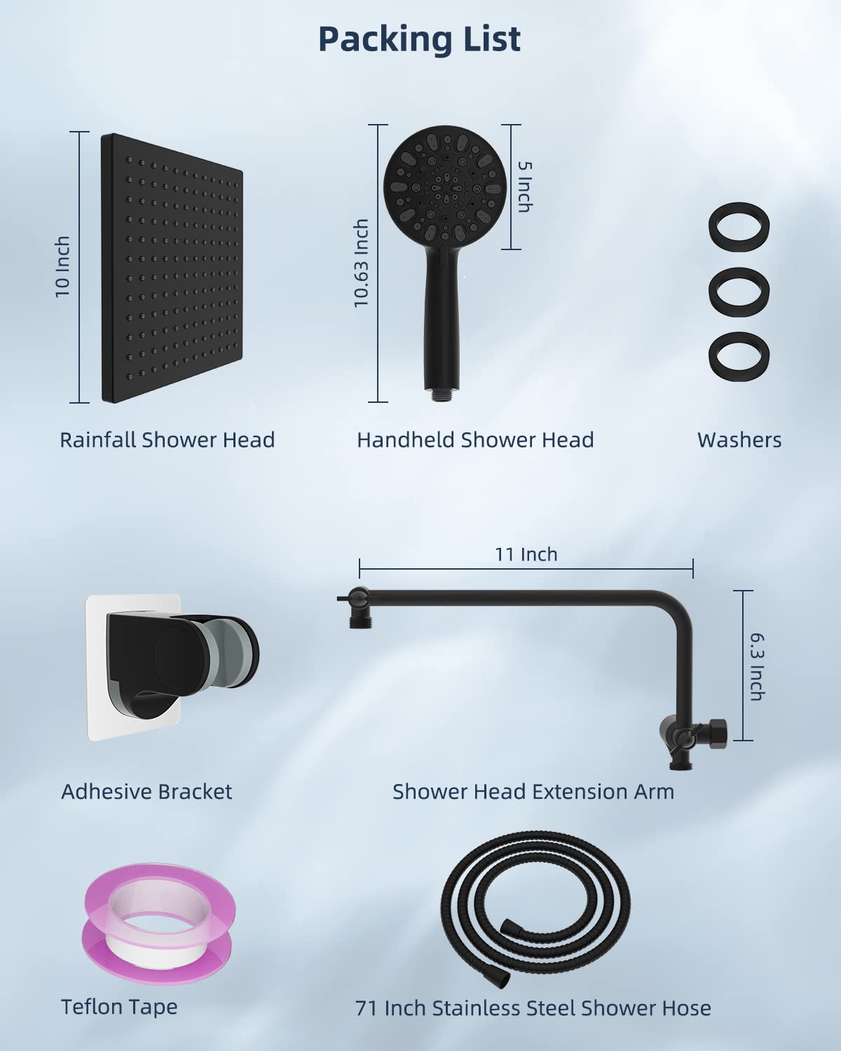 Hibbent Metal Shower Head, 10'' High Pressure Rainfall Shower Head/Handheld Showerhead Combo with 12'' Adjustable Shower Extension Arm, 7-Spray, 71'' Hose, Showerhead Holder, Matte Black