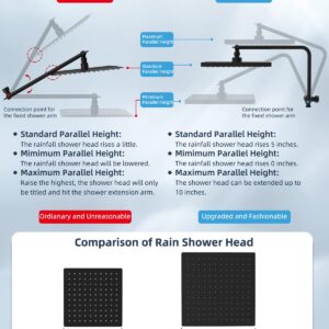 Hibbent Metal Shower Head, 10'' High Pressure Rainfall Shower Head/Handheld Showerhead Combo with 12'' Adjustable Shower Extension Arm, 7-Spray, 71'' Hose, Showerhead Holder, Matte Black