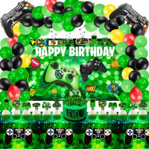 kimarulz video game birthday party decorations - 108pcs green gamer gaming party supplies for boys birthday party - birthday backdrop, table cover, hanging swirls, cupcake topper, cake topper, balloon