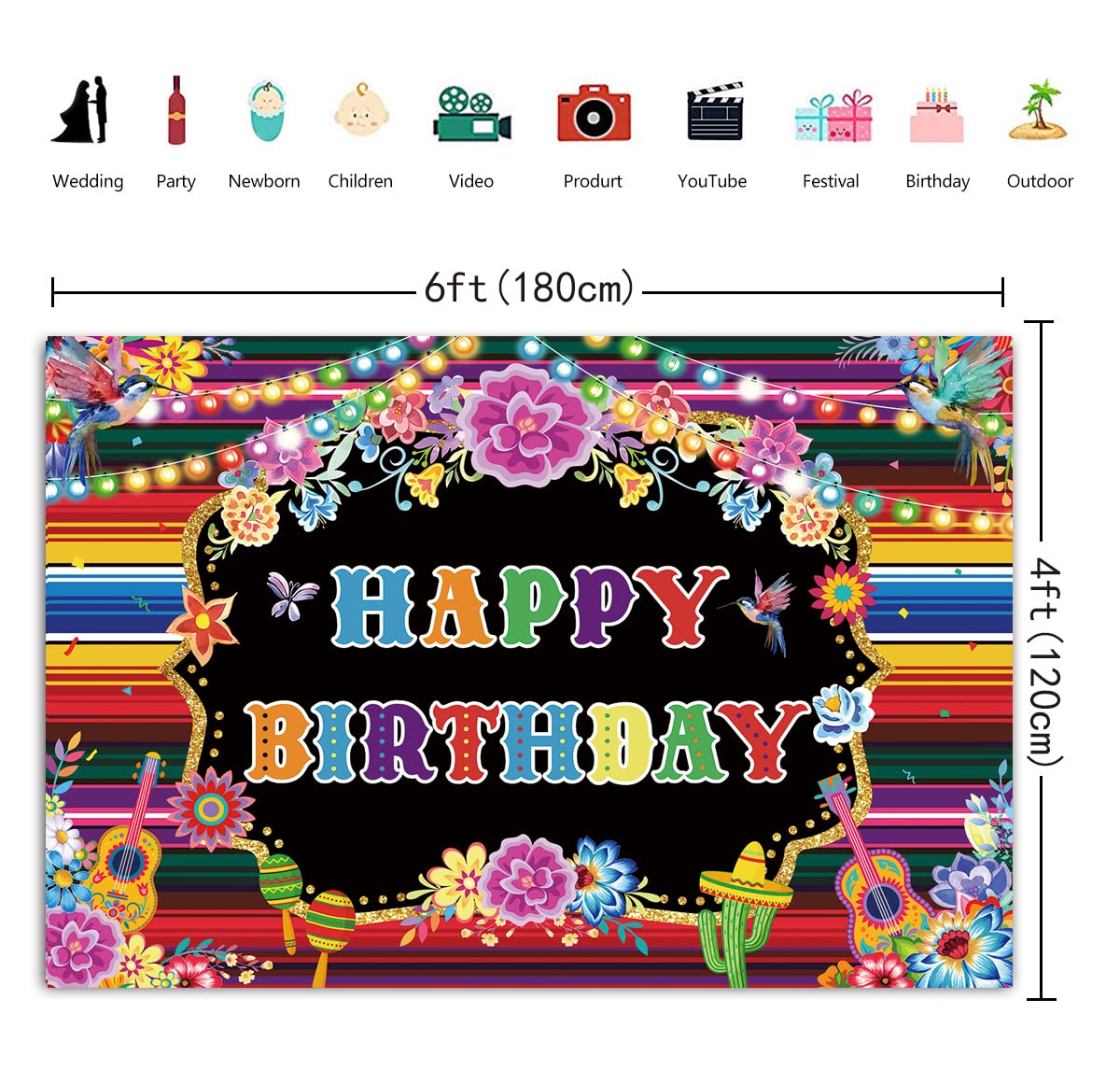 Mexican Birthday Backdrop for Photography Fiesta Themed Party Banners Fiesta Birthday Party Decor Supplies Photo Booth Background (6x4FT: 72x48 inch)