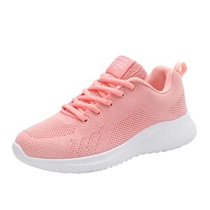 women's breathable sneakers fashion solid color lace-up steel toe running shoes lightweight soft sole athletic tennis shoes pink