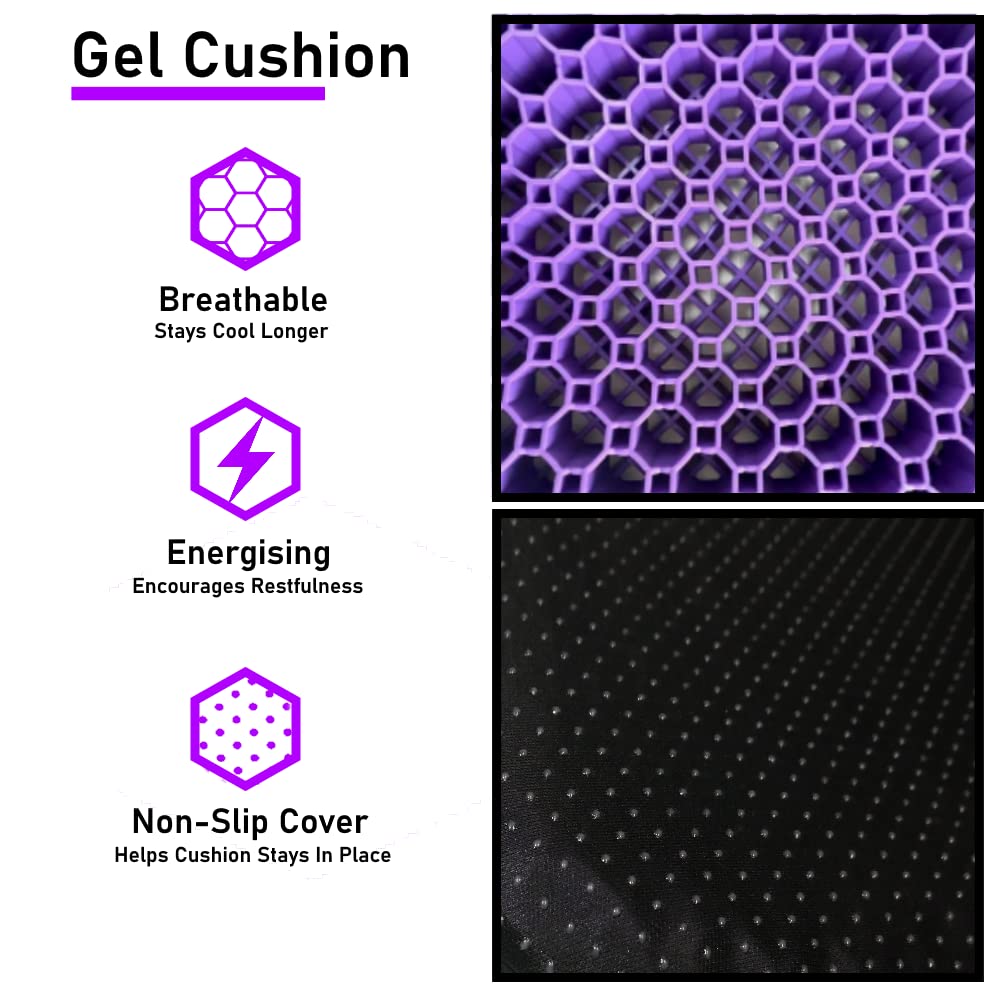 Comfortec Purple Gel Seat Cushion - Honeycomb Cooling Seat Cushion Back Support, Pressure Relief & Long Sitting - Non-Slip Chair Cushion Traveling, Wheelchair, Car Seat, Office & Gaming Chair