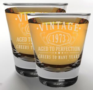 vintage 1973 etched 2pk 1.75oz shot glasses - 51st birthday gifts for women men - cheers to 51 years old - 51st decorations for her him - best engraved whiskey bourbon gift ideas - mom dad 2.0