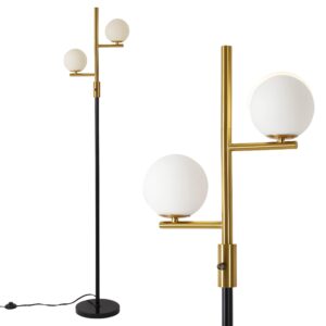 asmymhd dimming floor lamp with 2 sphere frosted glass globes,mid century gold and black standing lamp for living room, bedroom, office. (black+gold)