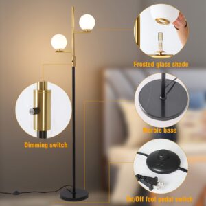 Asmymhd Dimming Floor Lamp with 2 Sphere Frosted Glass Globes,Mid Century Gold and Black Standing Lamp for Living Room, Bedroom, Office. (Black+Gold)