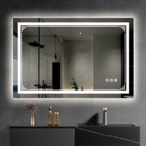 suimenno lighted bathroom mirror 24×32，upgrade your bathroom experience with our backlit and front lit mirrors- dimmable, 3 color lights, anti-fog, and memory feature, horizontal/vertical