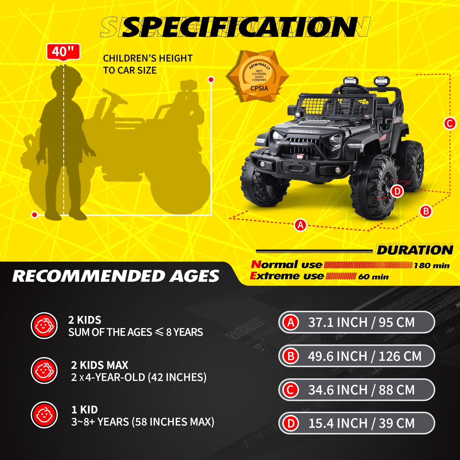 Blitzshark 24V MAX Ride-on Truck 2 Seater 4WD Kids Electric Vehicle 4x4 XXL Battery Powered Car, with 480W Ultra Powerful Motor, 7AH Battery, Remote Control, Full-Metal Suspension& DIY Sticker, Black