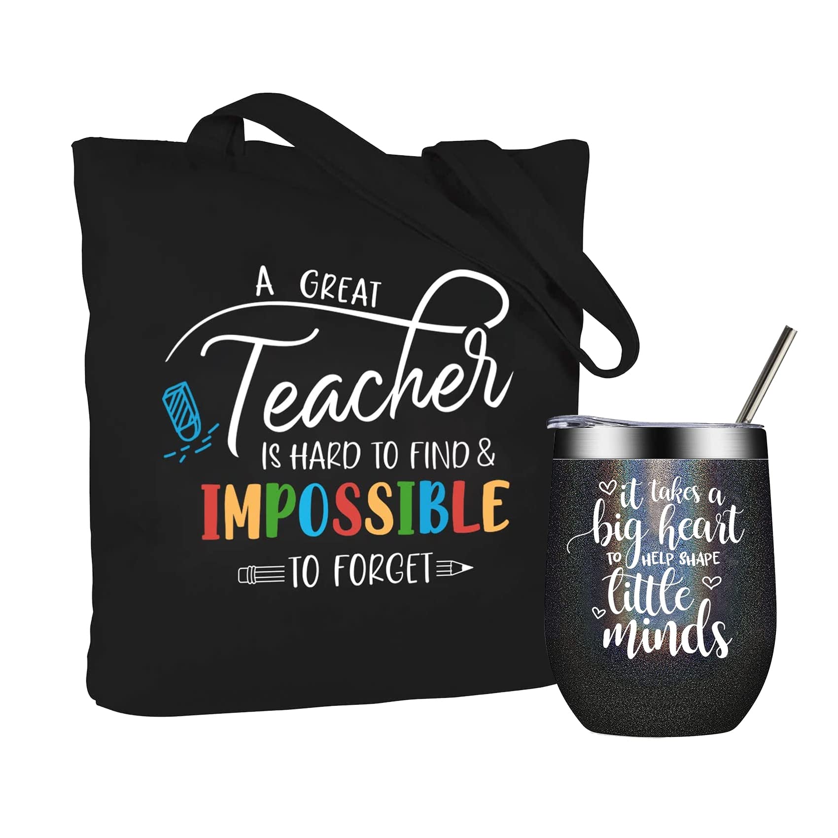 Teacher Appreciation Gifts for Women Men Best Teacher Gifts Teacher Birthday Gifts Teacher Tote Bag Canvas Teachers End of Year Thank you Christmas Present Teacher Wine Tumbler with Straw Black