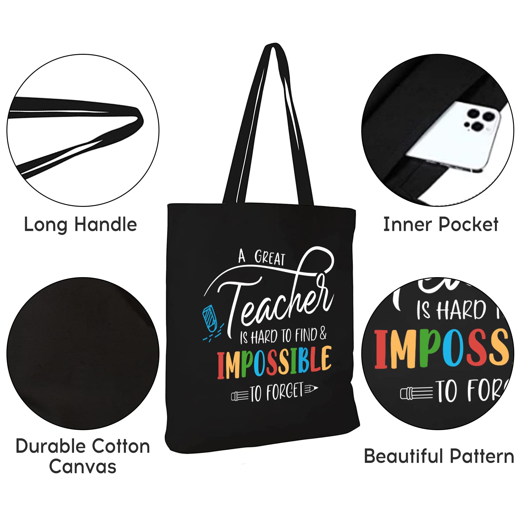 Teacher Appreciation Gifts for Women Men Best Teacher Gifts Teacher Birthday Gifts Teacher Tote Bag Canvas Teachers End of Year Thank you Christmas Present Teacher Wine Tumbler with Straw Black