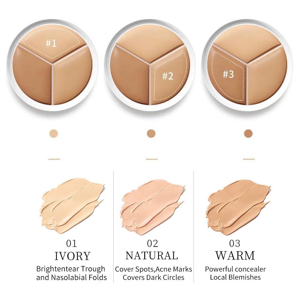 Full Cover Concealer Palette,Tri-Color Concealer Make Up,Corrects Dark Circles Red Marks Scars& Softens Fine Lines,Highlight Contours Waterproof Long Lasting Concealer Matte Foundation