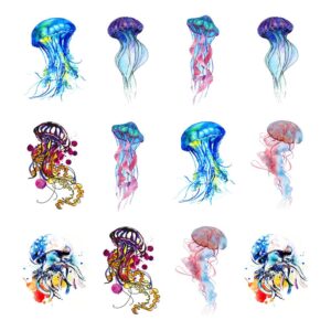 sanerlian jellyfish watercolor temporary tattoo sticker ocean waterproof kids children party favor decorations hand arm shoulder body art 10.5x6cm set of 12 (sf168)