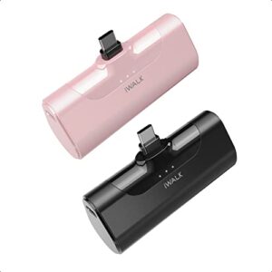 iwalk small portable charger usb c cute power bank 4500mah【2 pack】 battery pack compatible with samsung galaxy z flip4,s23,s22,s21,switch,google pixel[black&pink]