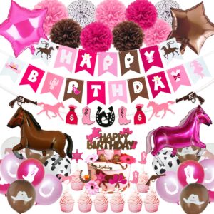 western cowgirl pink birthday party decoration, retro horse rodeo party supplies for girls including birthday banner, horses garland, horse star balloons, tissue pom poms, cake toppers (pink cowgirl)