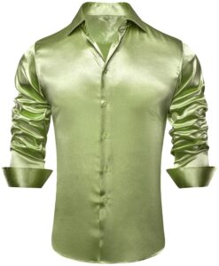 hi-tie long sleeve sage green dress shirt for men regular fit satin silk like prom wedding button down shirts for party beach