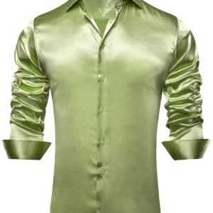 Hi-Tie Long Sleeve Sage Green Dress Shirt for Men Regular Fit Satin Silk Like Prom Wedding Button Down Shirts for Party Beach