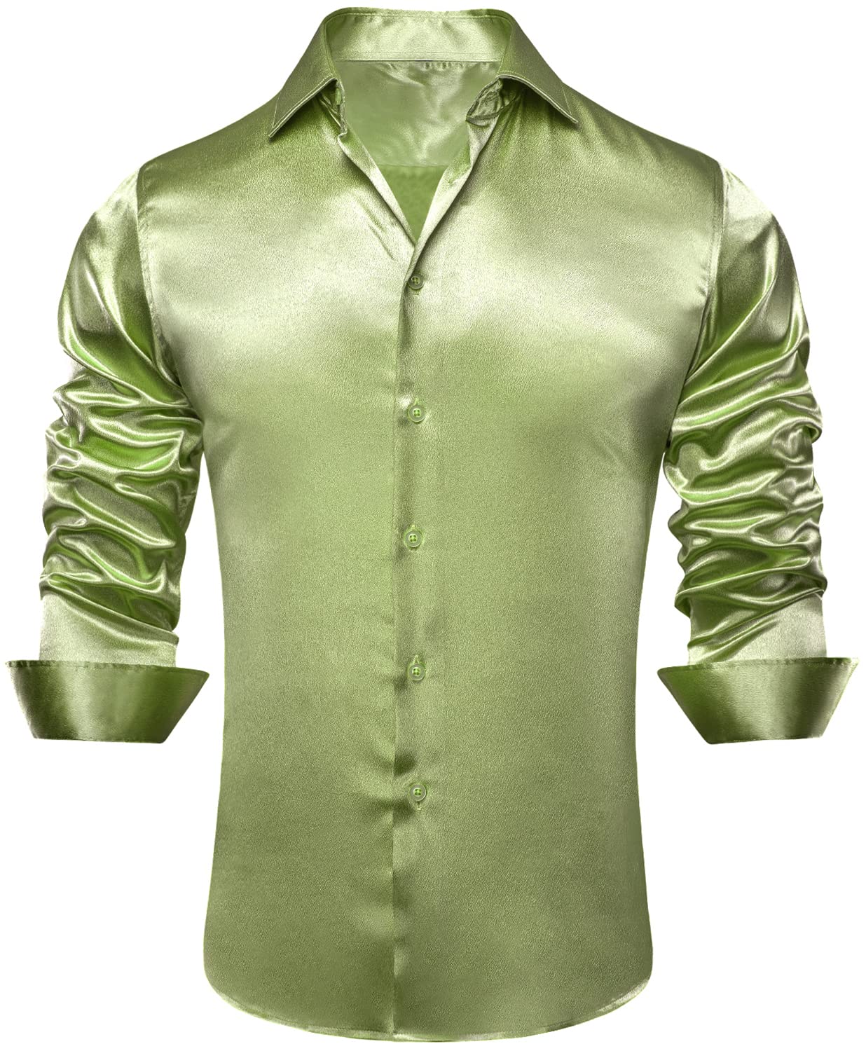 Hi-Tie Long Sleeve Sage Green Dress Shirt for Men Regular Fit Satin Silk Like Prom Wedding Button Down Shirts for Party Beach