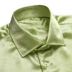 Hi-Tie Long Sleeve Sage Green Dress Shirt for Men Regular Fit Satin Silk Like Prom Wedding Button Down Shirts for Party Beach