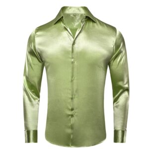 Hi-Tie Long Sleeve Sage Green Dress Shirt for Men Regular Fit Satin Silk Like Prom Wedding Button Down Shirts for Party Beach