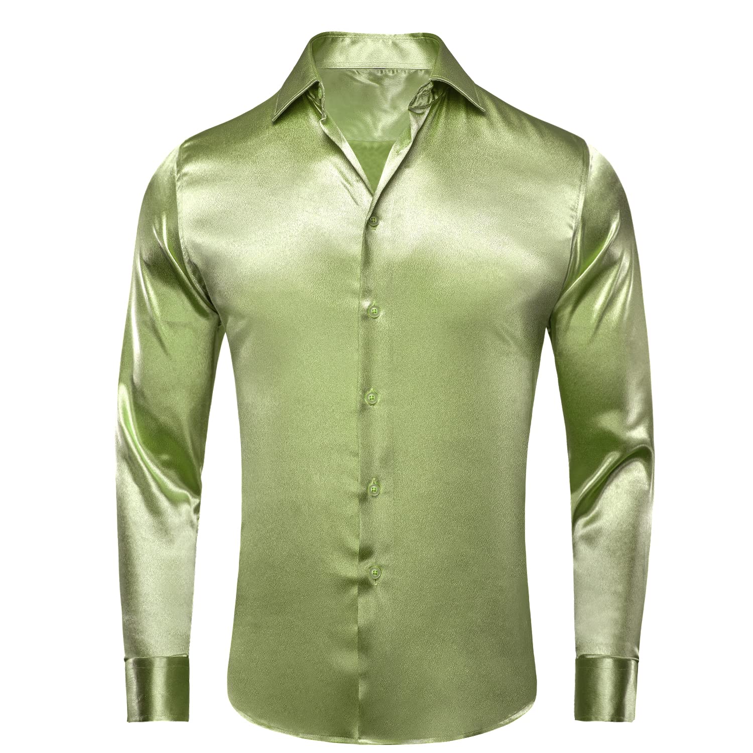 Hi-Tie Long Sleeve Sage Green Dress Shirt for Men Regular Fit Satin Silk Like Prom Wedding Button Down Shirts for Party Beach