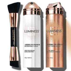 luminess silk airbrush spray foundation makeup starter kit- full coverage foundation, primer & dual-sided buffing brush-buildable coverage, anti-aging formula hydrate & moisturize (shade-light medium)